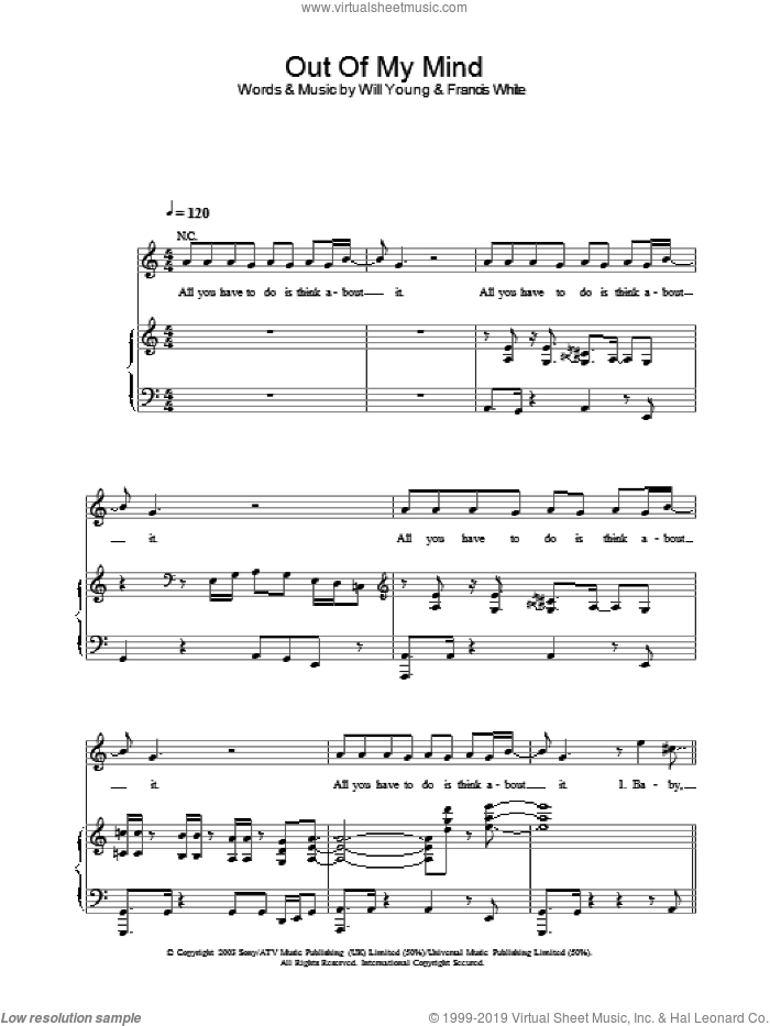 Out Of My Mind sheet music for voice, piano or guitar by Will Young, intermediate skill level