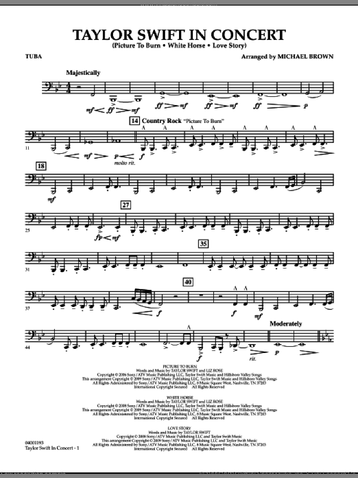 Taylor Swift, in concert sheet music for concert band (tuba) by Taylor Swift and Michael Brown, intermediate skill level