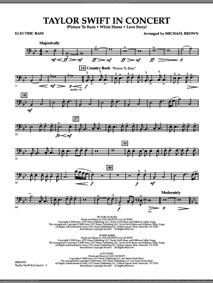 Taylor Swift, in concert sheet music for concert band (electric bass) by Taylor Swift and Michael Brown, intermediate skill level