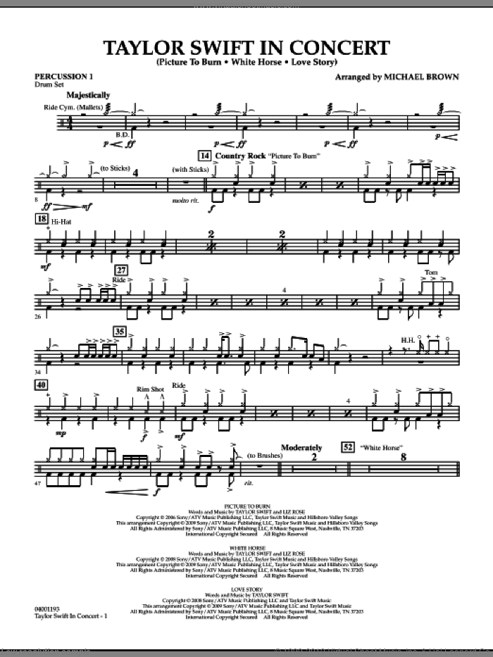 Taylor Swift, in concert sheet music for concert band (percussion 1) by Taylor Swift and Michael Brown, intermediate skill level