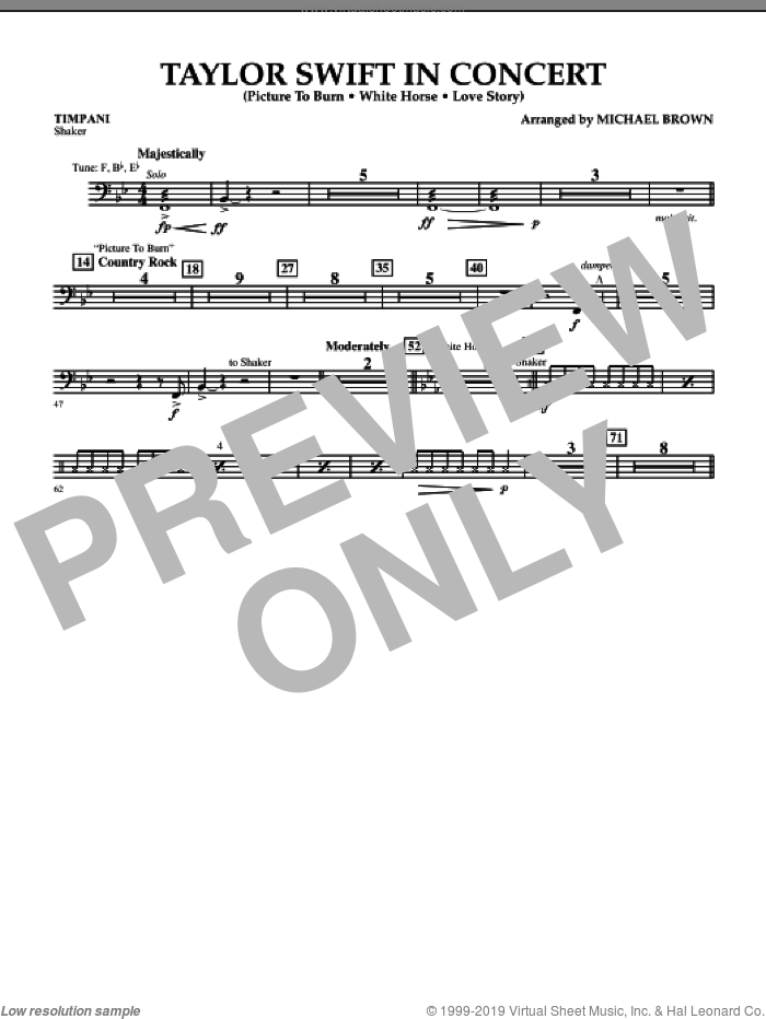 Taylor Swift, in concert sheet music for concert band (timpani) by Taylor Swift and Michael Brown, intermediate skill level