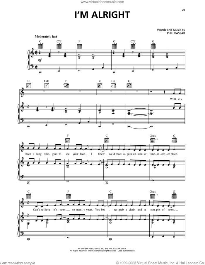 I'm Alright sheet music for voice, piano or guitar by Phil Vassar and Jo Dee Messina, intermediate skill level
