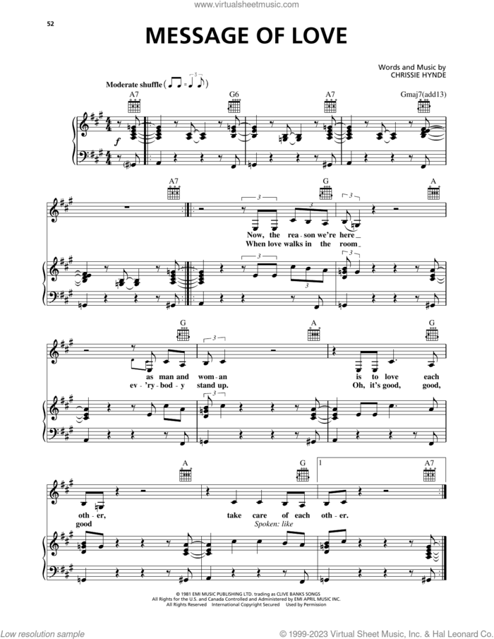 Message Of Love sheet music for voice, piano or guitar by Pretenders and Chrissie Hynde, intermediate skill level
