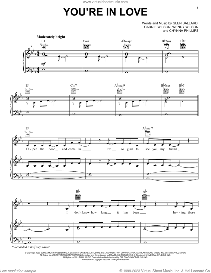 You're In Love sheet music for voice, piano or guitar by Wilson Phillips, Carnie Wilson, Chynna Phillips, Glen Ballard and Wendy Wilson, intermediate skill level