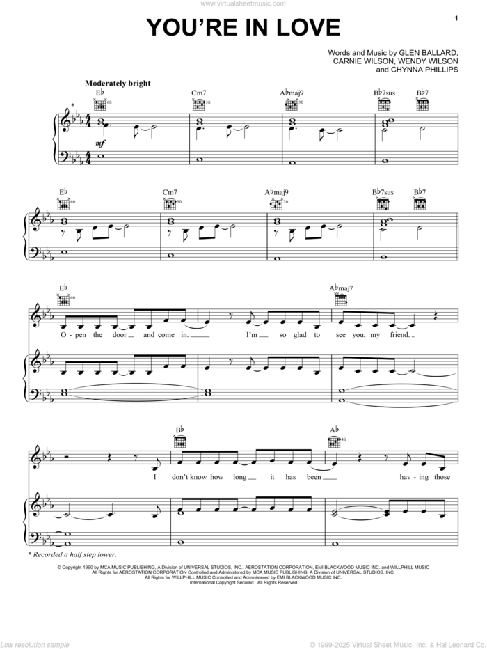 You're In Love sheet music for voice, piano or guitar by Wilson Phillips, Carnie Wilson, Chynna Phillips, Glen Ballard and Wendy Wilson, intermediate skill level