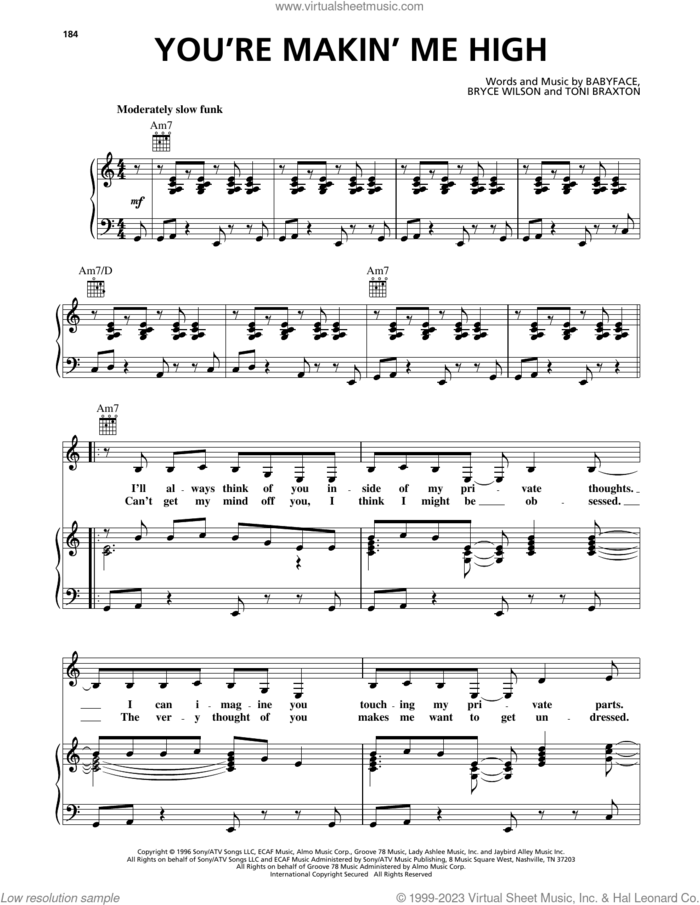 You're Makin' Me High sheet music for voice, piano or guitar by Toni Braxton, Babyface and Bryce Wilson, intermediate skill level