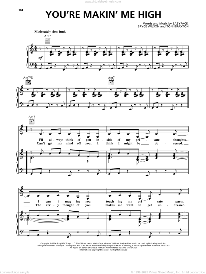 You're Makin' Me High sheet music for voice, piano or guitar by Toni Braxton, Babyface and Bryce Wilson, intermediate skill level