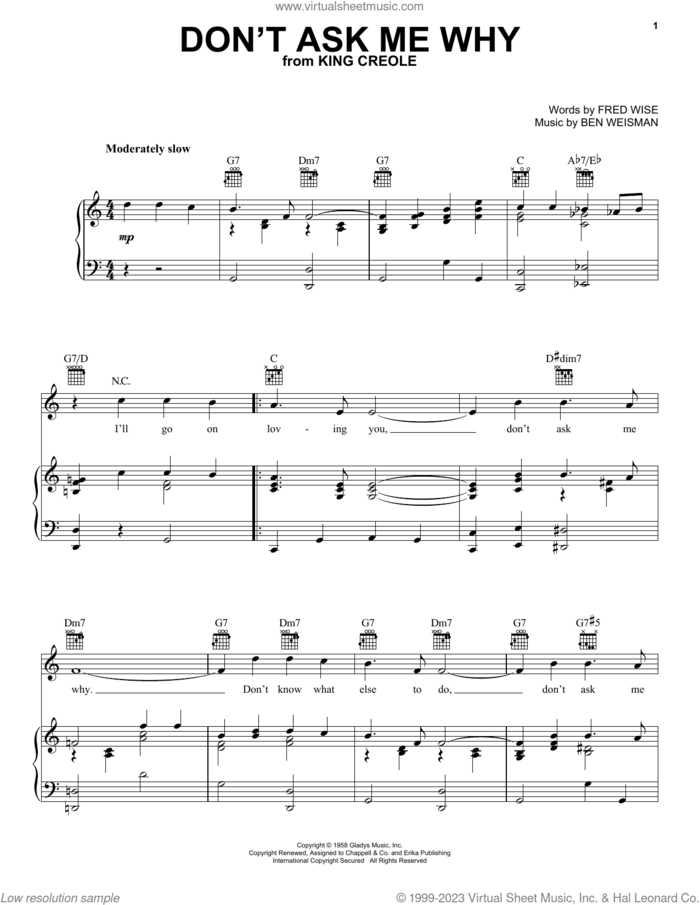 Don't Ask Me Why sheet music for voice, piano or guitar by Elvis Presley, Ben Weisman and Fred Wise, intermediate skill level