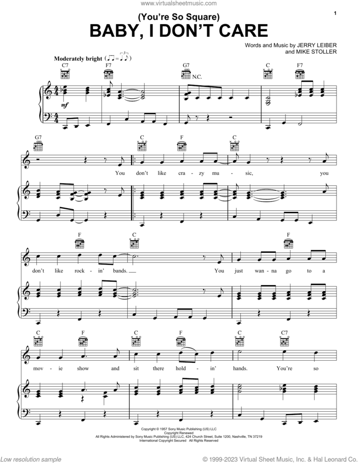 (You're So Square) Baby, I Don't Care sheet music for voice, piano or guitar by Elvis Presley, Buddy Holly, Joni Mitchell, Jerry Leiber and Mike Stoller, intermediate skill level