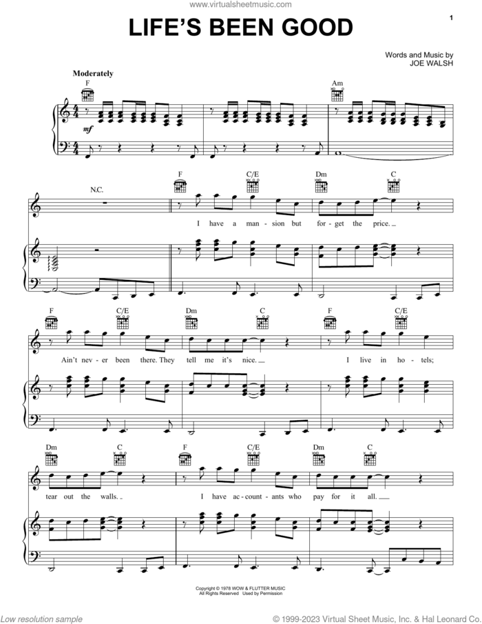Life's Been Good sheet music for voice, piano or guitar by Joe Walsh and The Eagles, intermediate skill level