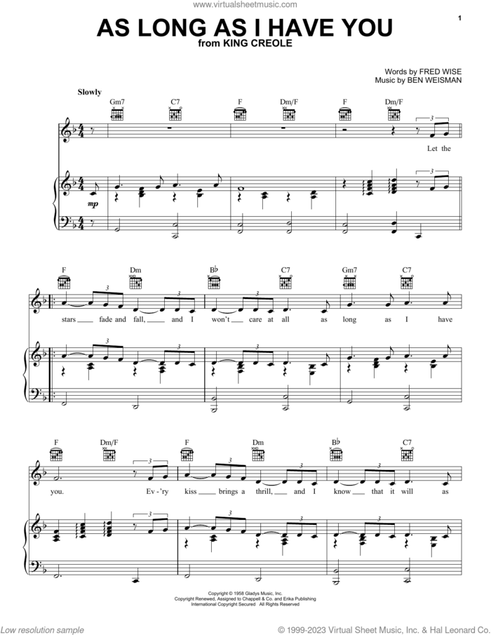 As Long As I Have You sheet music for voice, piano or guitar by Elvis Presley, Ben Weisman and Fred Wise, intermediate skill level