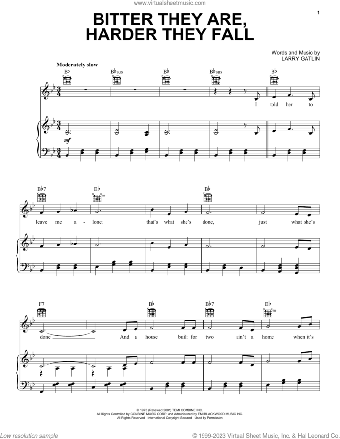 Bitter They Are, Harder They Fall sheet music for voice, piano or guitar by Elvis Presley and Larry Gatlin, intermediate skill level