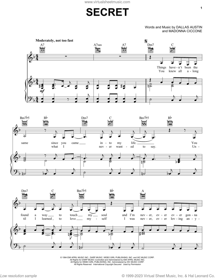 Secret sheet music for voice, piano or guitar by Madonna and Dallas Austin, intermediate skill level