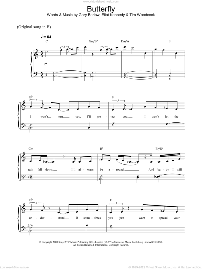 Butterfly, (intermediate) sheet music for piano solo by Delta Goodrem, intermediate skill level