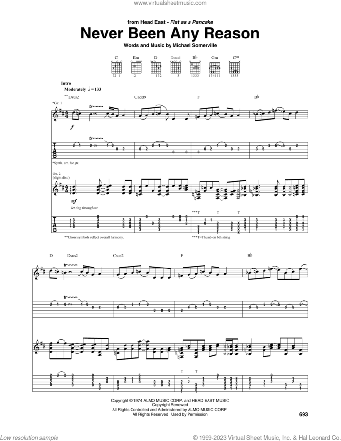 Never Been Any Reason sheet music for guitar (tablature) by Head East and Michael Somerville, intermediate skill level