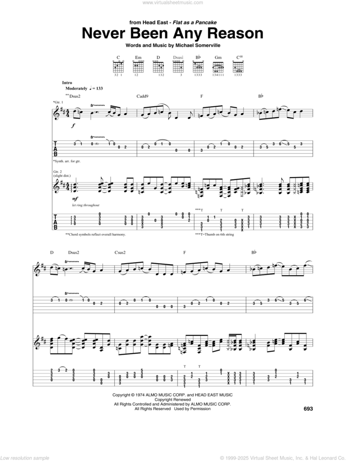 Never Been Any Reason sheet music for guitar (tablature) by Head East and Michael Somerville, intermediate skill level