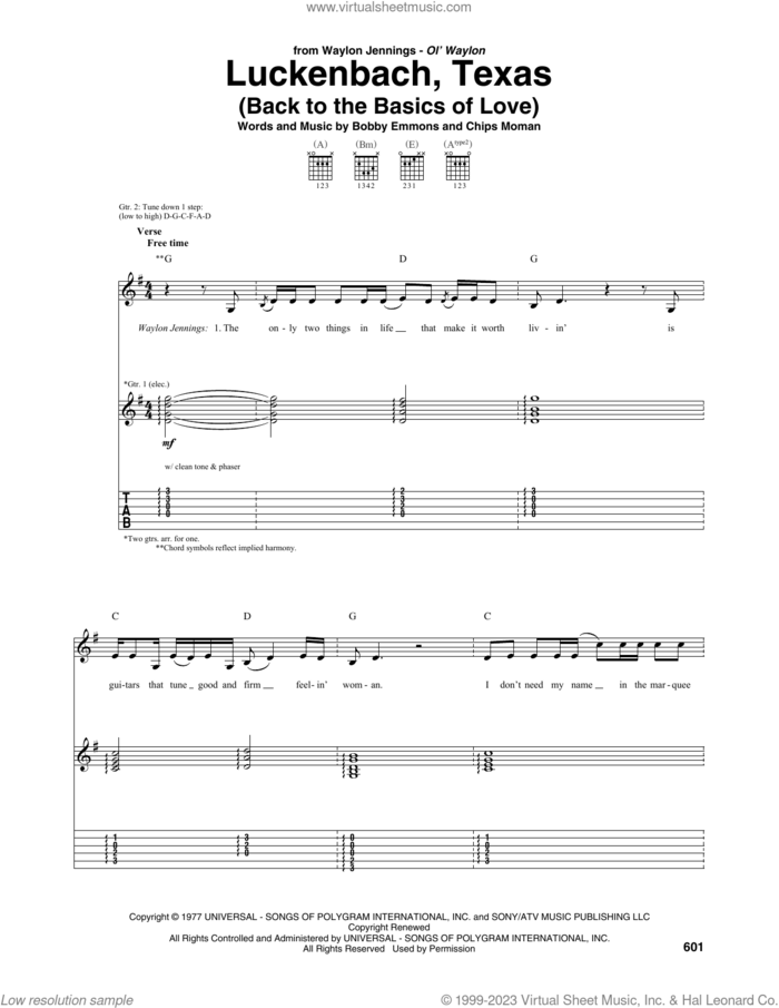 Luckenbach, Texas (Back To The Basics Of Love) sheet music for guitar (tablature) by Waylon Jennings, Bobby Emmons and Chips Moman, intermediate skill level