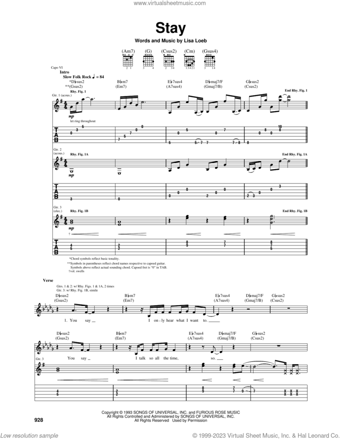 Stay sheet music for guitar (tablature) by Lisa Loeb and Lisa Loeb & Nine Stories, intermediate skill level