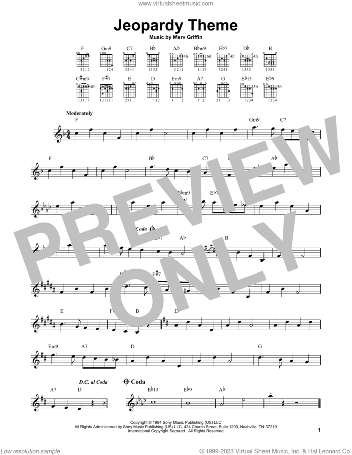 Jeopardy Theme sheet music for guitar solo (chords) by Merv Griffin, easy guitar (chords)