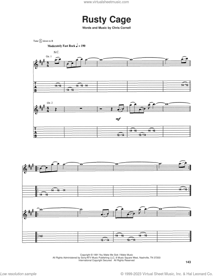 Rusty Cage sheet music for guitar (tablature) by Soundgarden and Chris Cornell, intermediate skill level