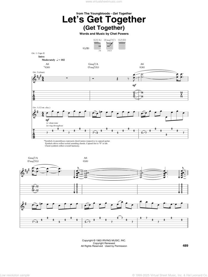 Let's Get Together (Get Together) sheet music for guitar (tablature) by The Youngbloods, big mountain, Indigo Girls and Chet Powers, intermediate skill level