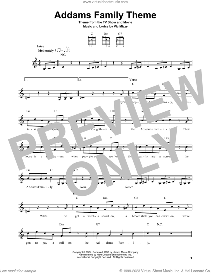 Addams Family Theme sheet music for guitar solo (chords) by Vic Mizzy, easy guitar (chords)
