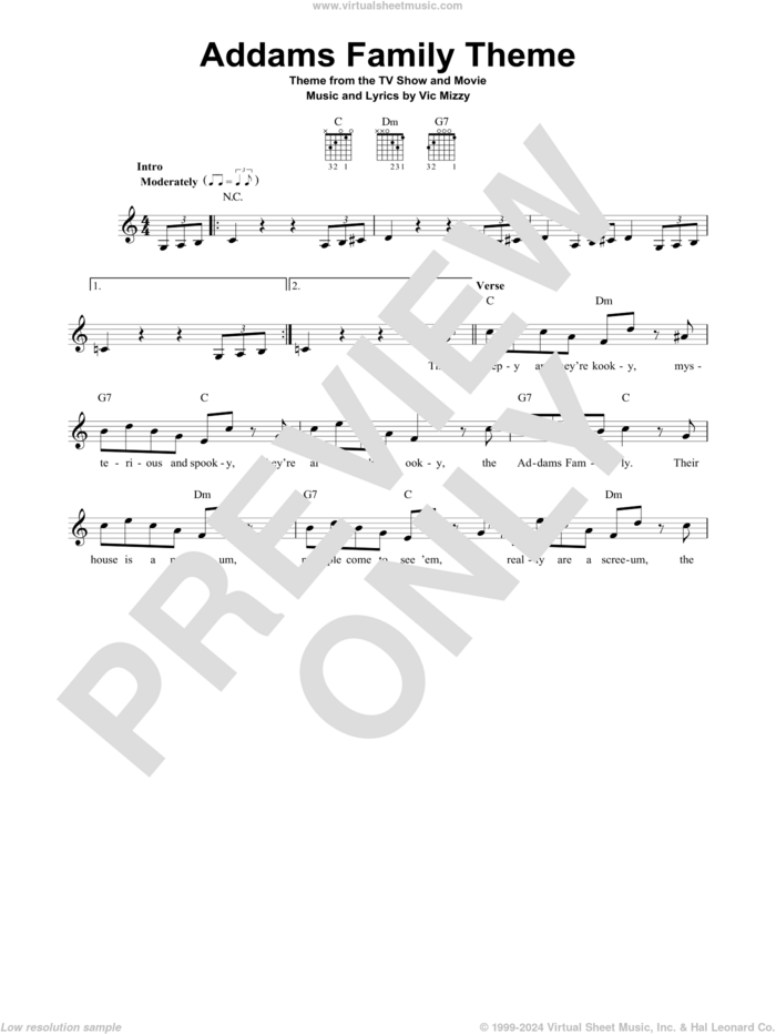 Addams Family Theme sheet music for guitar solo (chords) by Vic Mizzy, easy guitar (chords)