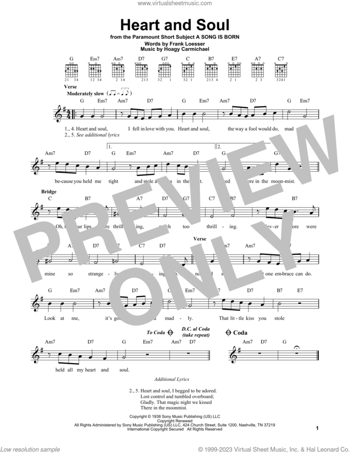 Heart And Soul sheet music for guitar solo (chords) by Frank Loesser and Hoagy Carmichael, easy guitar (chords)