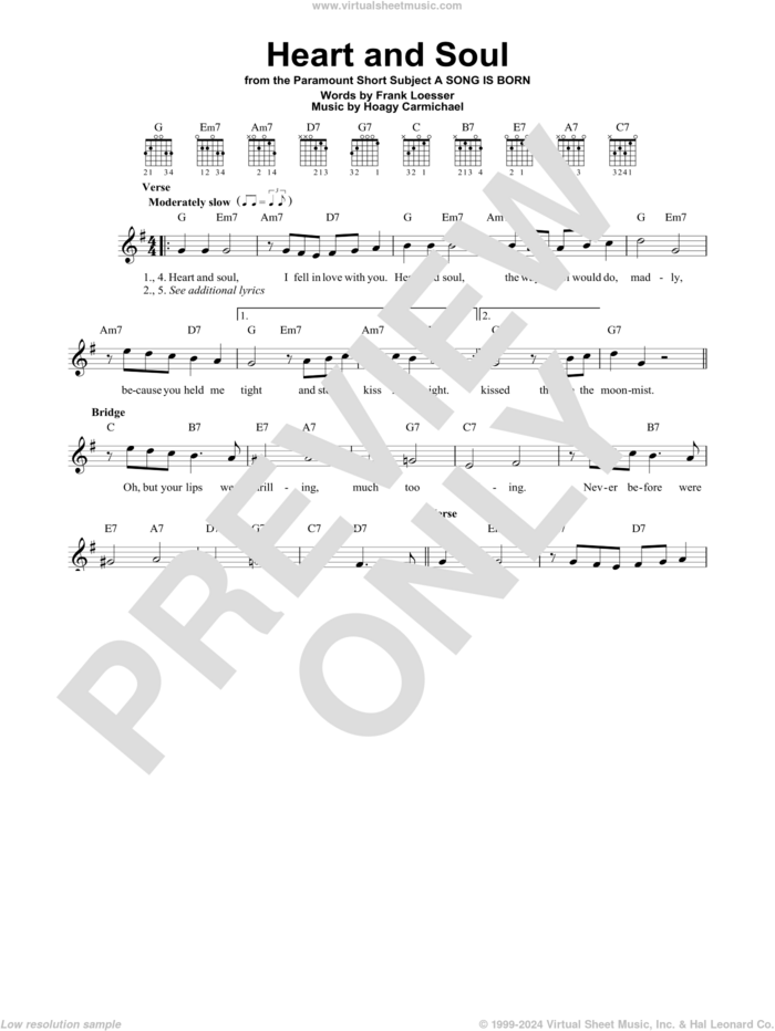 Heart And Soul sheet music for guitar solo (chords) by Frank Loesser and Hoagy Carmichael, easy guitar (chords)