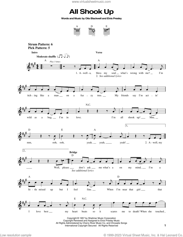 All Shook Up sheet music for guitar solo (chords) by Elvis Presley and Otis Blackwell, easy guitar (chords)