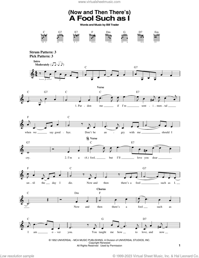 (Now And Then There's) A Fool Such As I sheet music for guitar solo (chords) by Elvis Presley, Bob Dylan, Hank Snow and Bill Trader, easy guitar (chords)