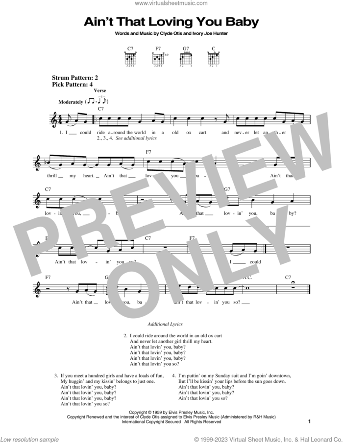 Ain't That Loving You Baby sheet music for guitar solo (chords) by Elvis Presley, Clyde Otis and Ivory Joe Hunter, easy guitar (chords)