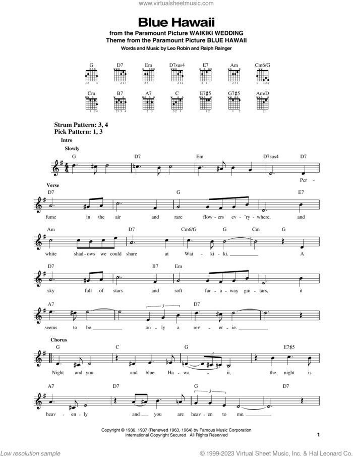 Blue Hawaii sheet music for guitar solo (chords) by Elvis Presley, Leo Robin and Ralph Rainger, easy guitar (chords)