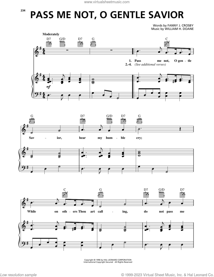 Pass Me Not, O Gentle Savior sheet music for voice, piano or guitar by Fanny J. Crosby and William H. Doane, intermediate skill level