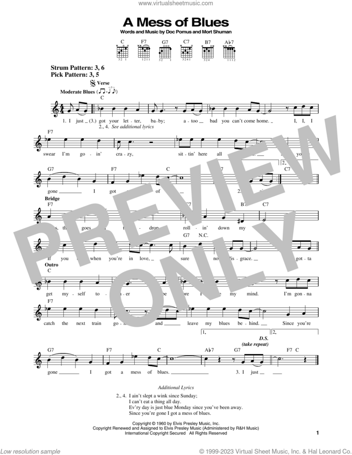A Mess Of Blues sheet music for guitar solo (chords) by Elvis Presley, Doc Pomus and Mort Shuman, easy guitar (chords)