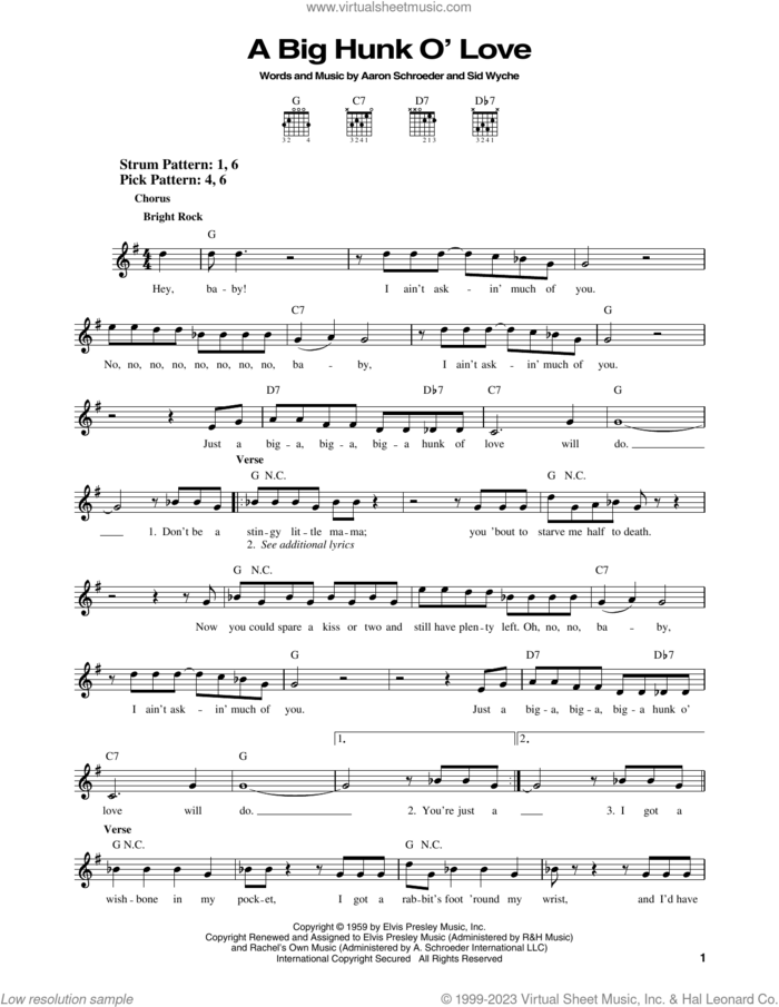 A Big Hunk O' Love sheet music for guitar solo (chords) by Elvis Presley, Aaron Schroeder and Sidney Wyche, easy guitar (chords)