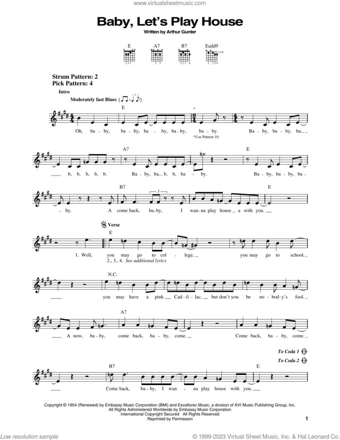 Baby, Let's Play House sheet music for guitar solo (chords) by Elvis Presley and Arthur Gunter, easy guitar (chords)