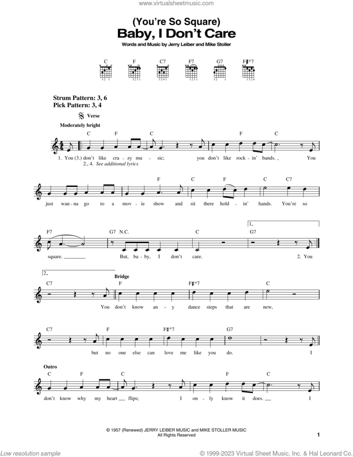 (You're So Square) Baby, I Don't Care sheet music for guitar solo (chords) by Elvis Presley, Jerry Leiber and Mike Stoller, easy guitar (chords)