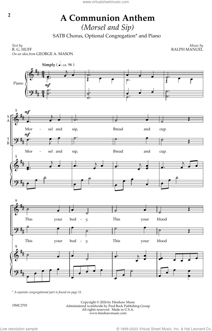 A Communion Anthem (Morsel and Sip) sheet music for choir (SATB: soprano, alto, tenor, bass) by Ralph Manuel and R.G. Huff, intermediate skill level