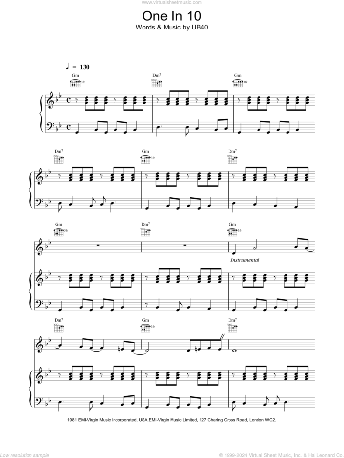 One In 10 sheet music for voice, piano or guitar by UB40, intermediate skill level
