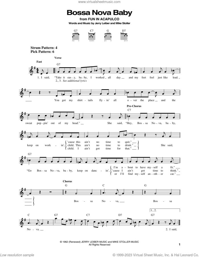 Bossa Nova Baby sheet music for guitar solo (chords) by Elvis Presley, Jerry Leiber and Mike Stoller, easy guitar (chords)