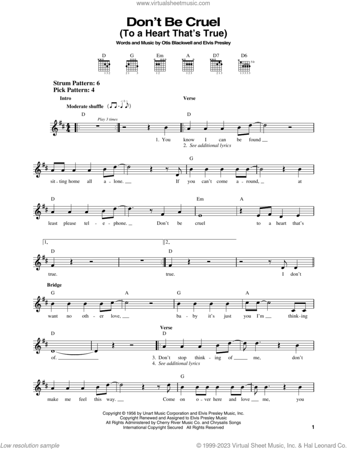 Don't Be Cruel (To A Heart That's True) sheet music for guitar solo (chords) by Elvis Presley, Cheap Trick and Otis Blackwell, easy guitar (chords)