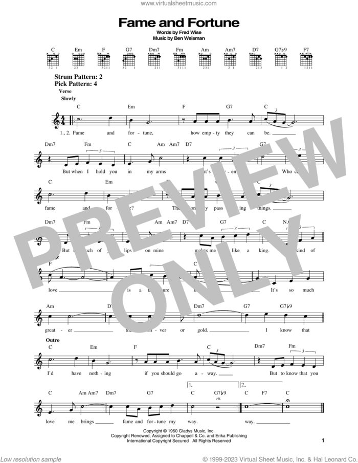 Fame And Fortune sheet music for guitar solo (chords) by Elvis Presley, Ben Weisman and Fred Wise, easy guitar (chords)