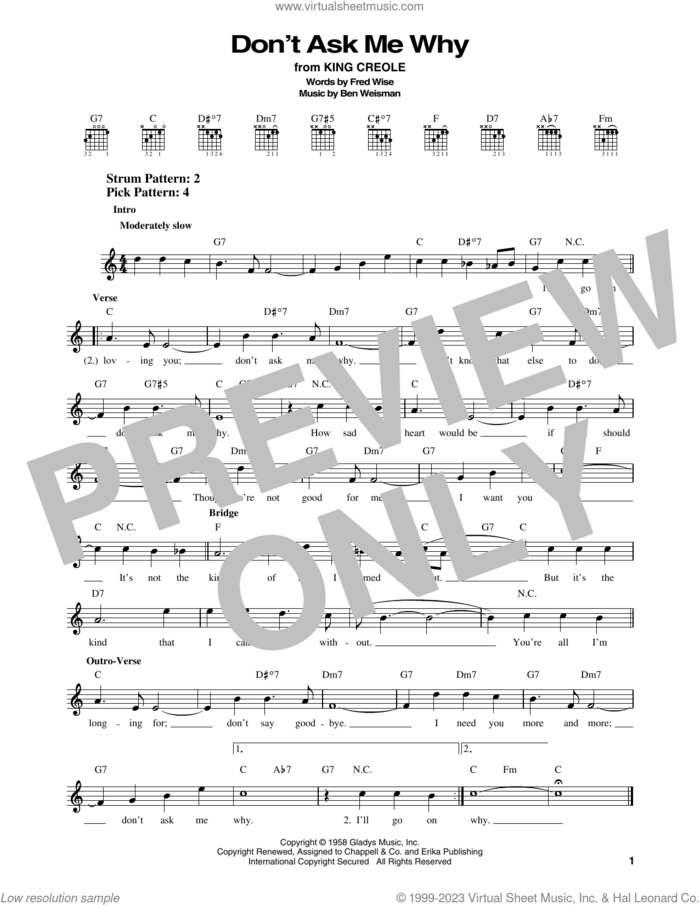 Don't Ask Me Why sheet music for guitar solo (chords) by Elvis Presley, Ben Weisman and Fred Wise, easy guitar (chords)