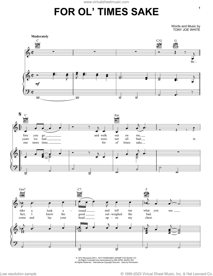 For Ol' Times Sake sheet music for voice, piano or guitar by Elvis Presley and Tony Joe White, intermediate skill level