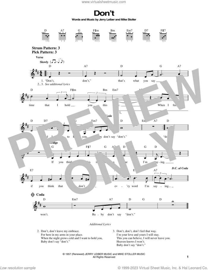 Don't sheet music for guitar solo (chords) by Elvis Presley, Jerry Leiber and Mike Stoller, easy guitar (chords)