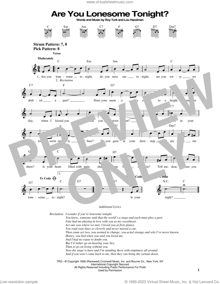 Are You Lonesome Tonight? sheet music for guitar solo (chords) by Elvis Presley, Donny Osmond, Lou Handman and Roy Turk, easy guitar (chords)