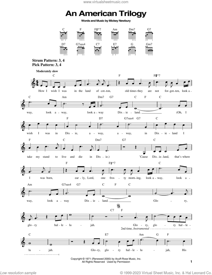An American Trilogy sheet music for guitar solo (chords) by Elvis Presley and Mickey Newbury, easy guitar (chords)