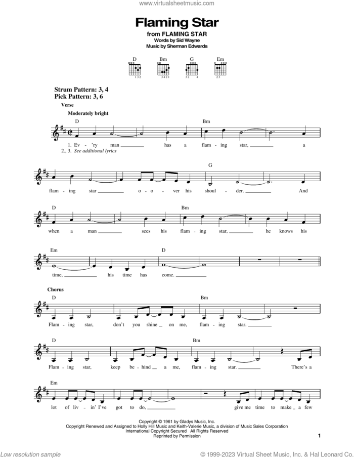 Flaming Star sheet music for guitar solo (chords) by Elvis Presley, Sherman Edwards and Sid Wayne, easy guitar (chords)