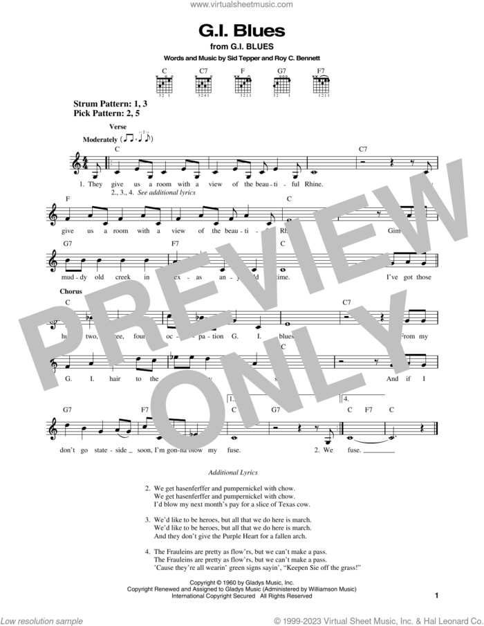 G.I. Blues sheet music for guitar solo (chords) by Elvis Presley, Roy Bennett and Sid Tepper, easy guitar (chords)